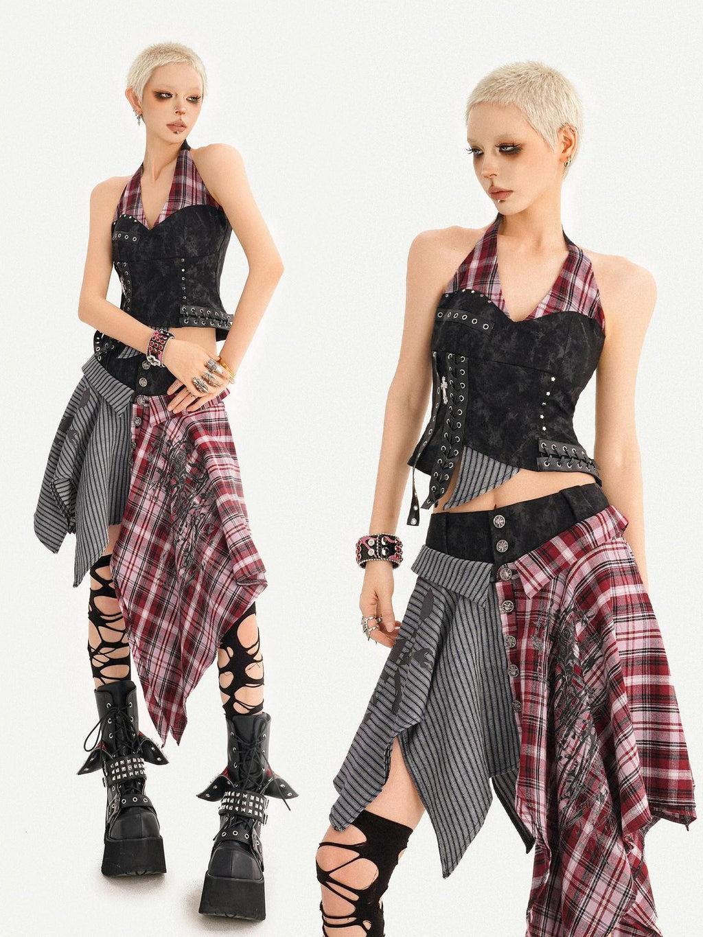 Nico Molly Vintage Patchwork Plaid Halter V-neck Women's High Waist Top & Skirt Sets