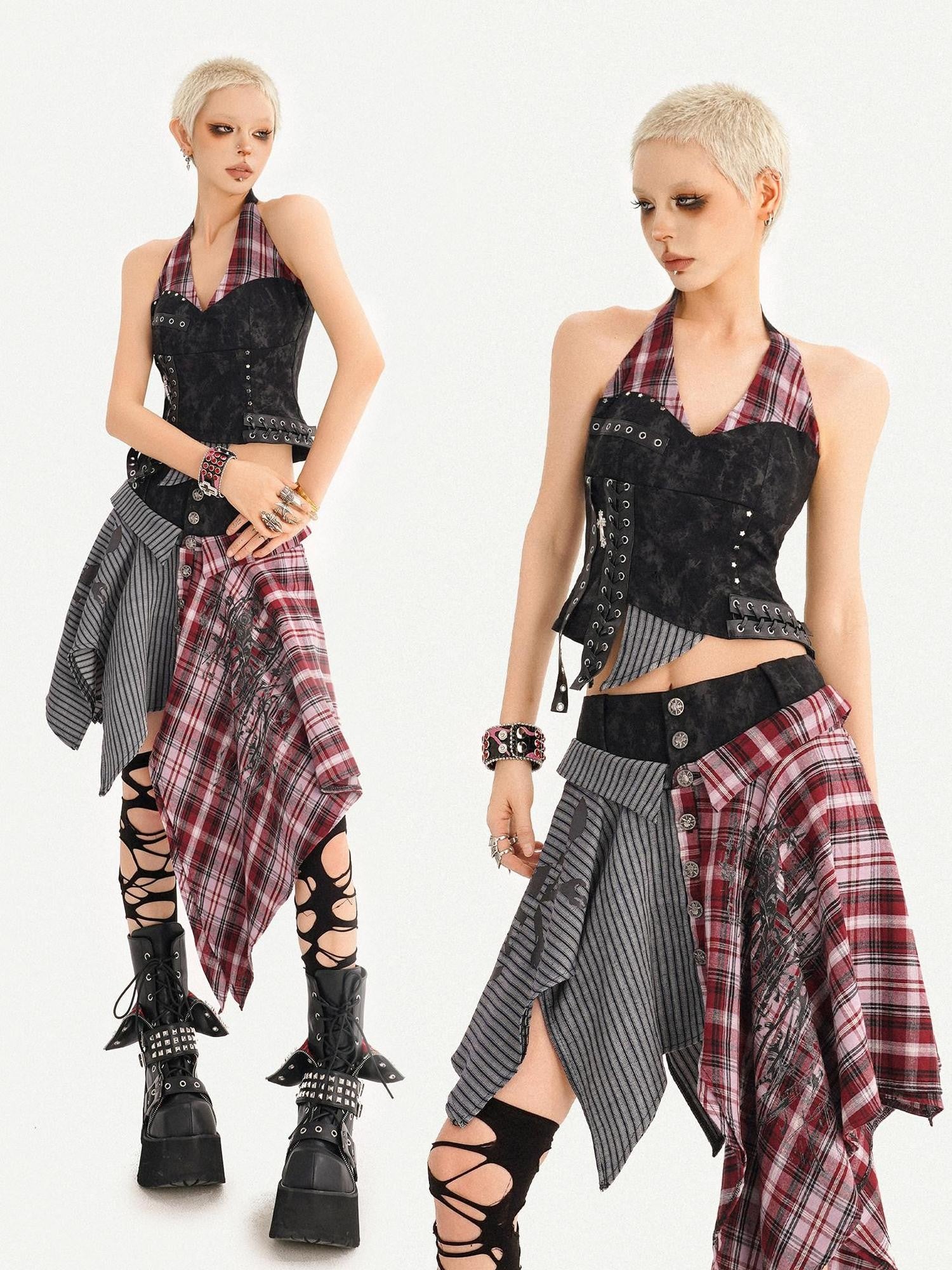 Nico Molly Vintage Patchwork Plaid Halter V-neck Women's High Waist Top & Skirt Sets