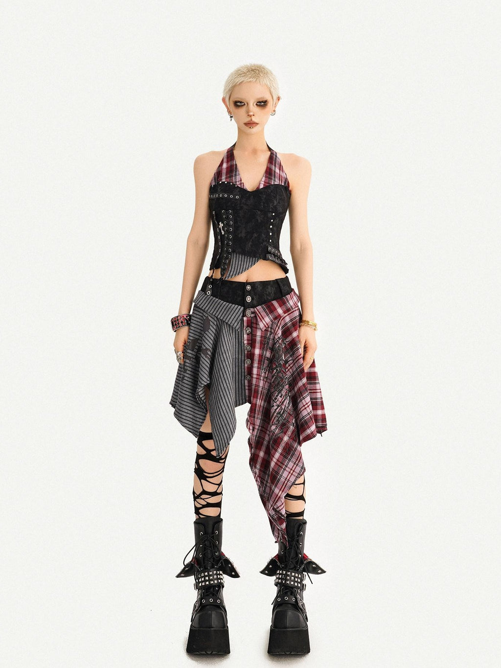 Nico Molly Vintage Patchwork Plaid Halter V-neck Women's High Waist Top & Skirt Sets