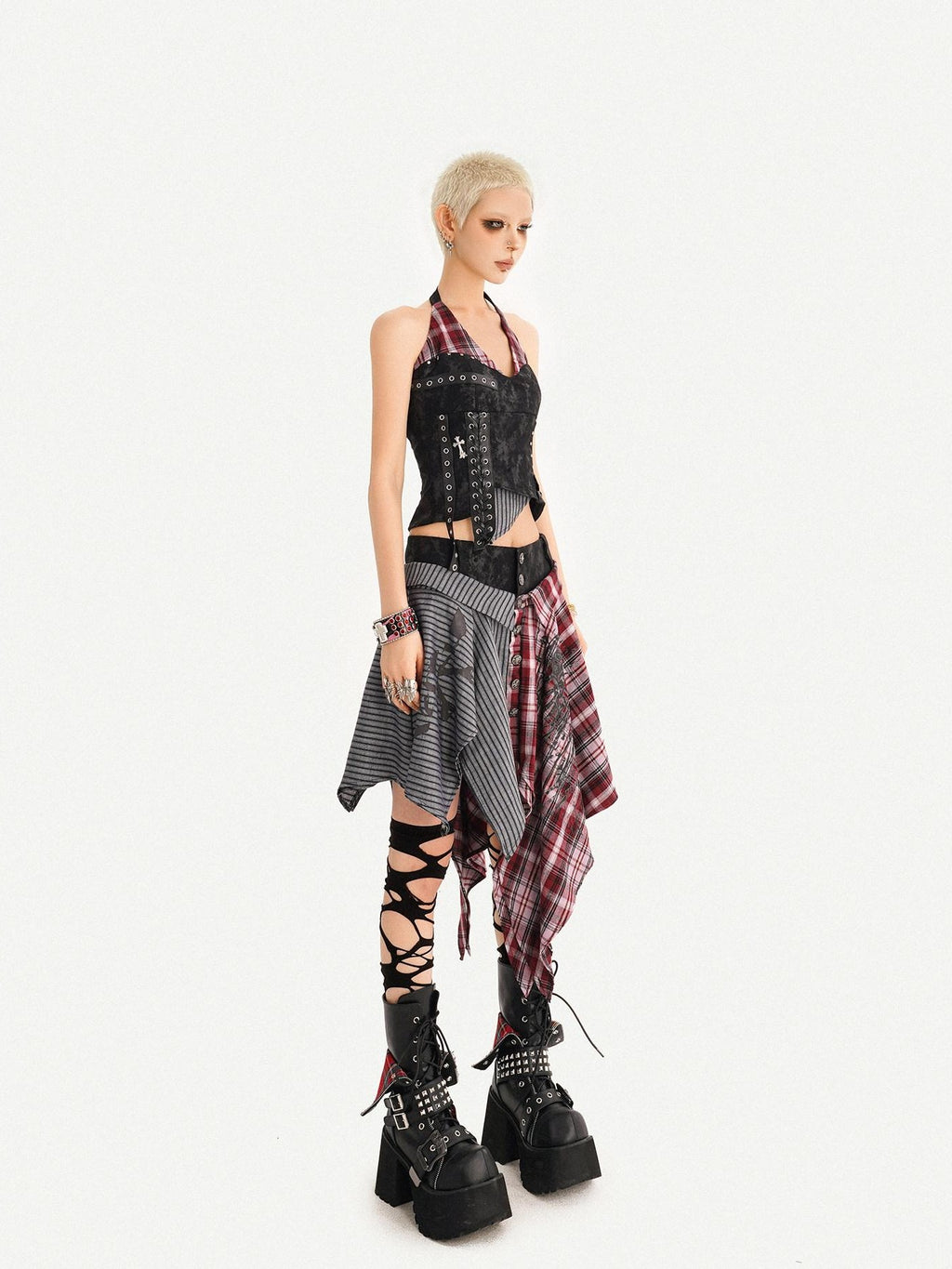 Nico Molly Vintage Patchwork Plaid Halter V-neck Women's High Waist Top & Skirt Sets