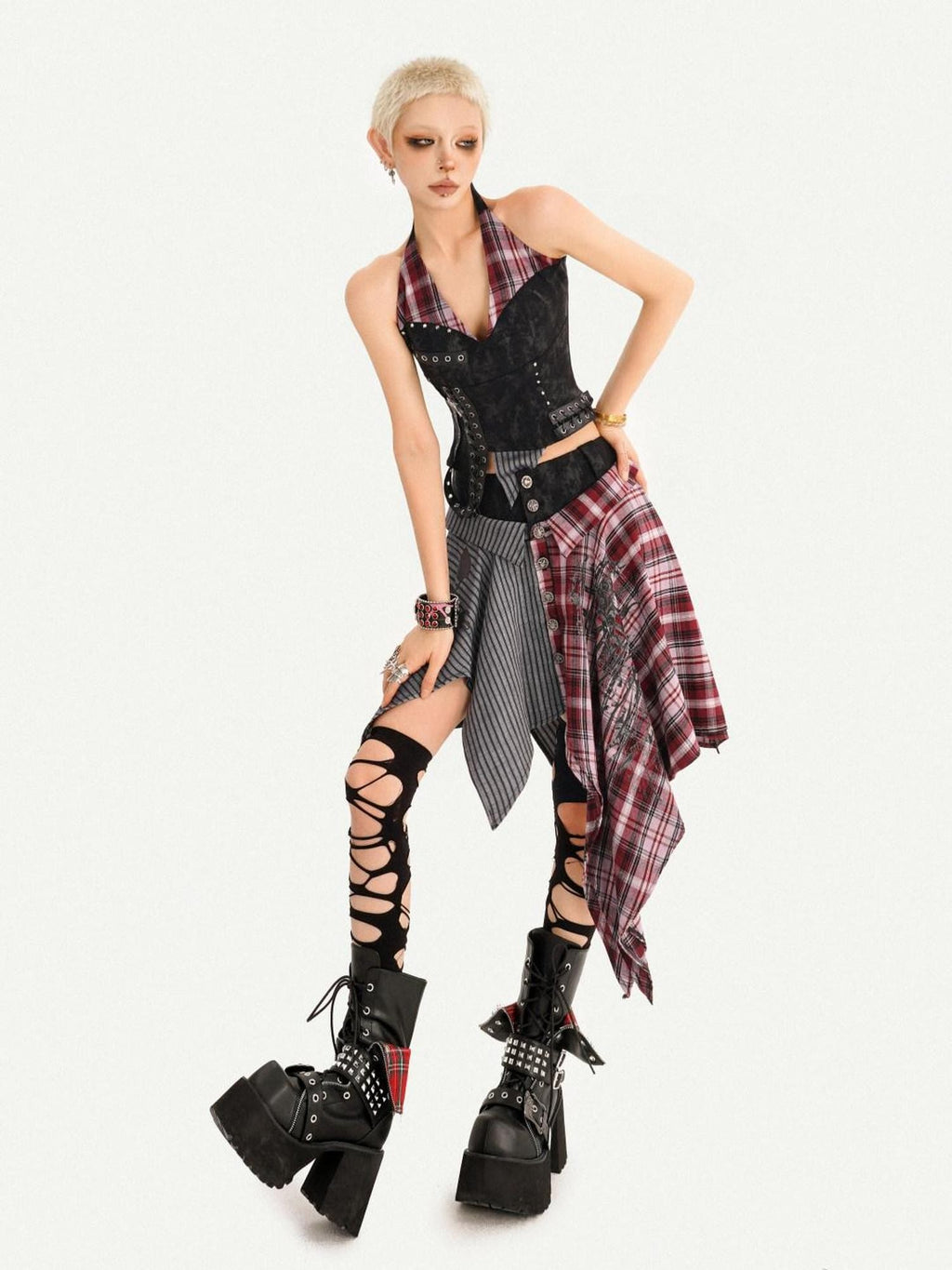 Nico Molly Vintage Patchwork Plaid Halter V-neck Women's High Waist Top & Skirt Sets