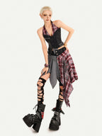 Nico Molly Vintage Patchwork Plaid Halter V-neck Women's High Waist Top & Skirt Sets