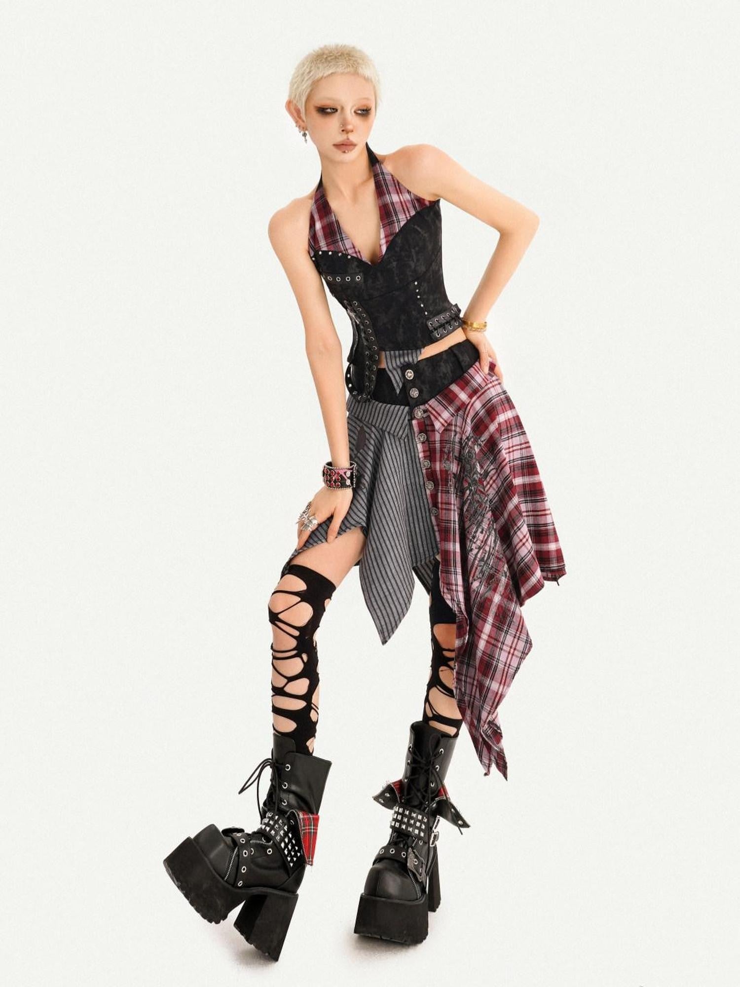Nico Molly Vintage Patchwork Plaid Halter V-neck Women's High Waist Top & Skirt Sets