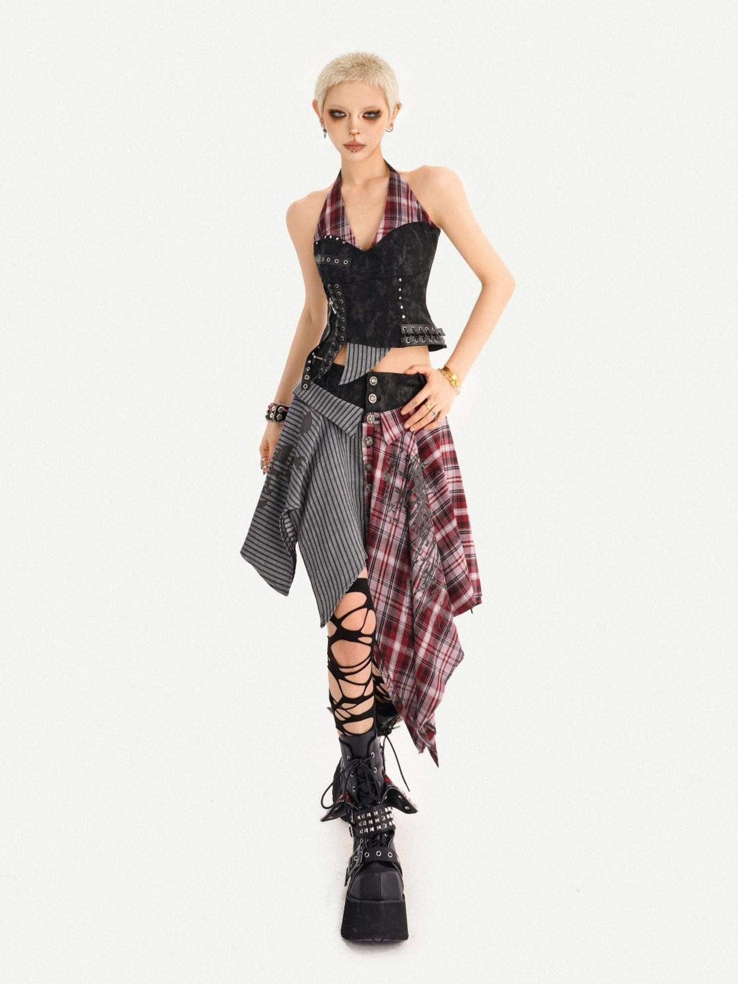 Nico Molly Vintage Patchwork Plaid Halter V-neck Women's High Waist Top & Skirt Sets