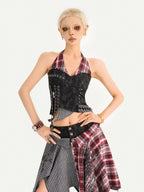 Nico Molly Vintage Patchwork Plaid Halter V-neck Women's High Waist Top & Skirt Sets
