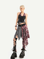 Nico Molly Vintage Patchwork Plaid Halter V-neck Women's High Waist Top & Skirt Sets