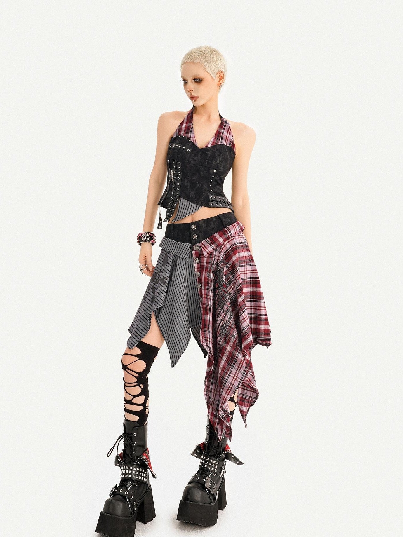 Nico Molly Vintage Patchwork Plaid Halter V-neck Women's High Waist Top & Skirt Sets
