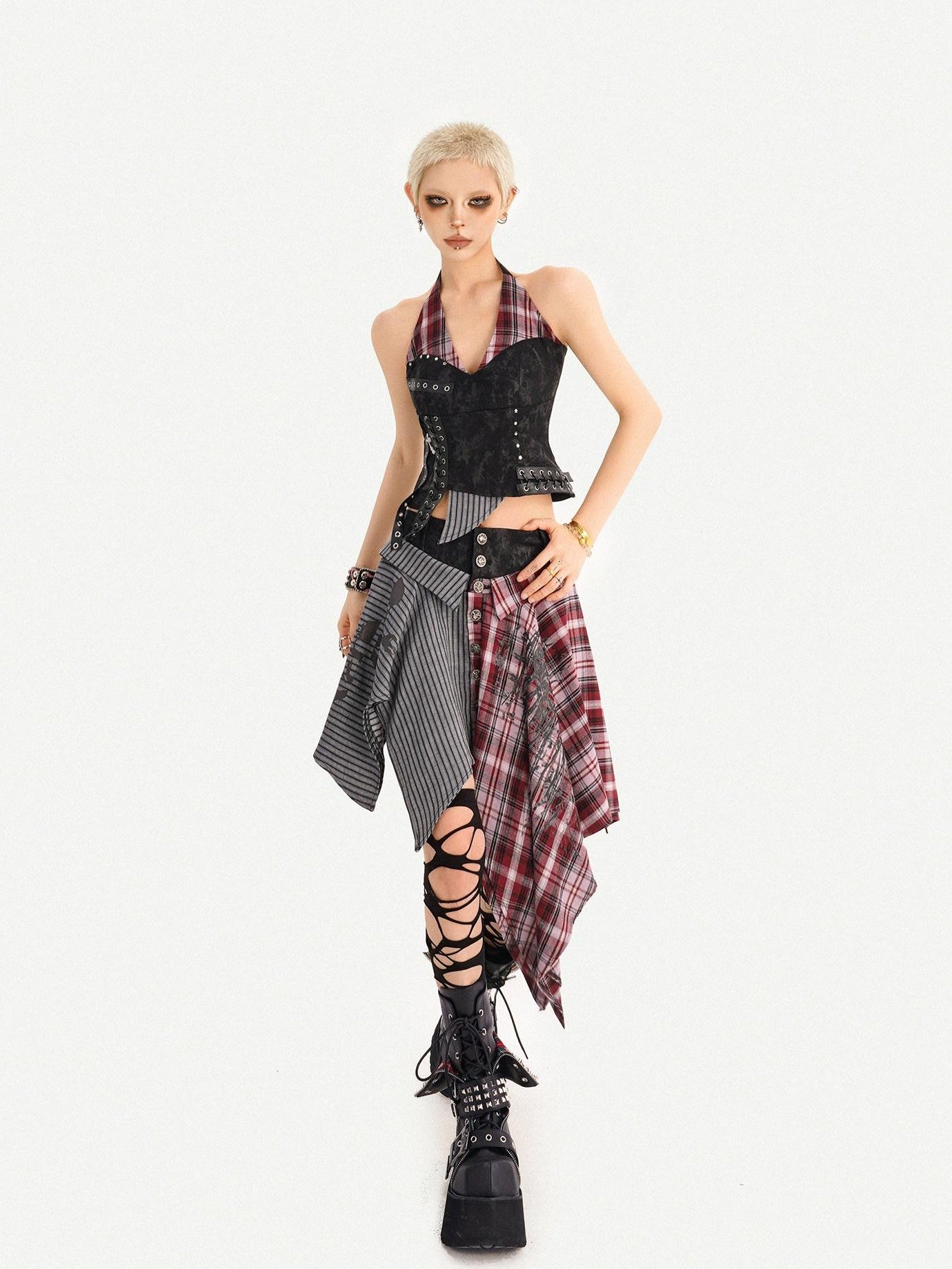 Nico Molly Vintage Patchwork Plaid Halter V-neck Women's High Waist Top & Skirt Sets