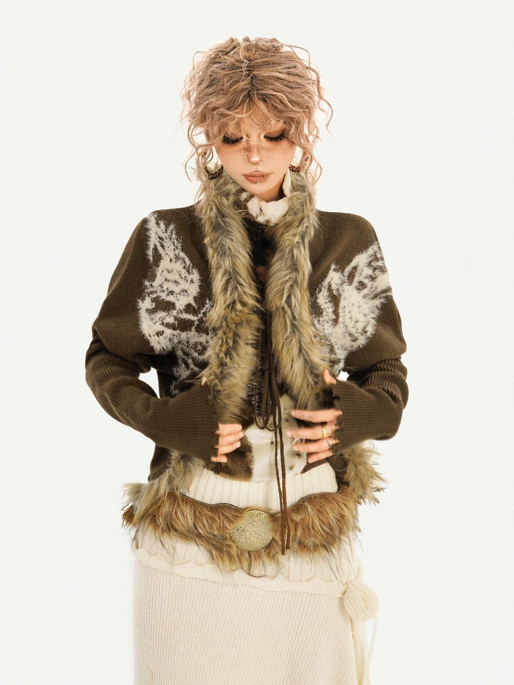 Nico Molly Vintage Pattern Fur Collar Batwing Sleeves Women's Knit Loose Fit Cardigans