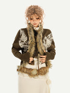 Nico Molly Vintage Pattern Fur Collar Batwing Sleeves Women's Knit Loose Fit Cardigans