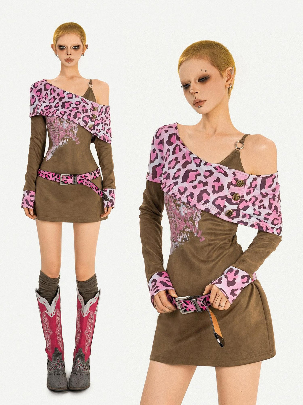 Nico Molly Vintage Pink Leopard Patchwork Faux Two Piece Women's Slip Mini Dresses