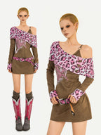 Nico Molly Vintage Pink Leopard Patchwork Faux Two Piece Women's Slip Mini Dresses