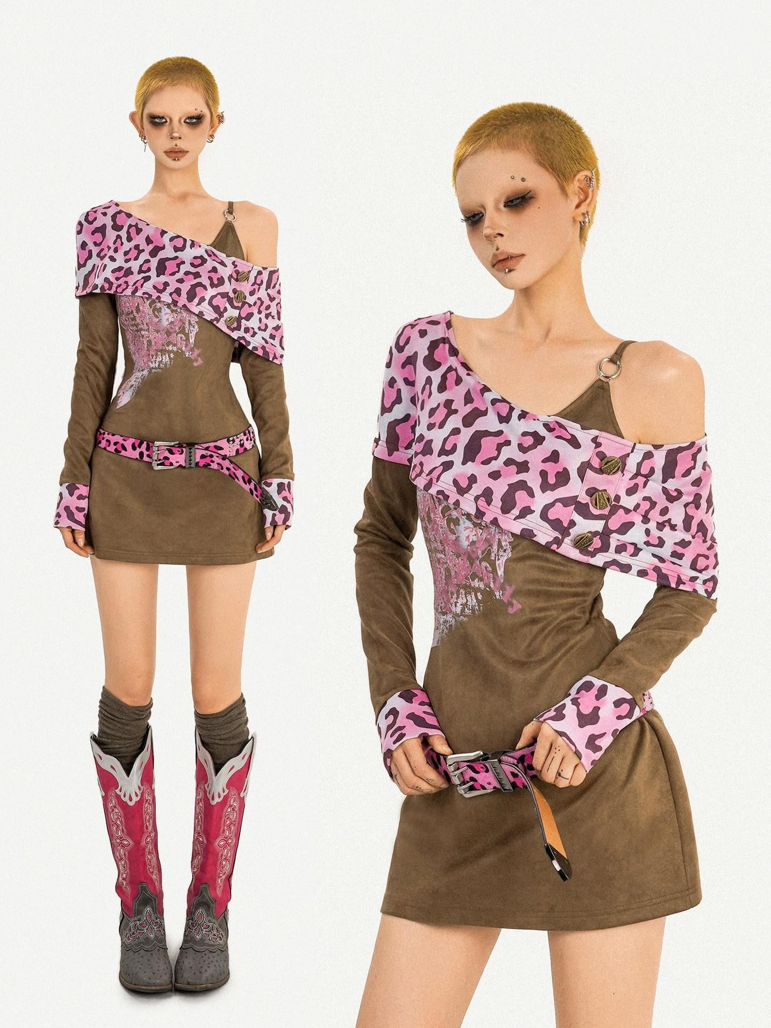 Nico Molly Vintage Pink Leopard Patchwork Faux Two Piece Women's Slip Mini Dresses