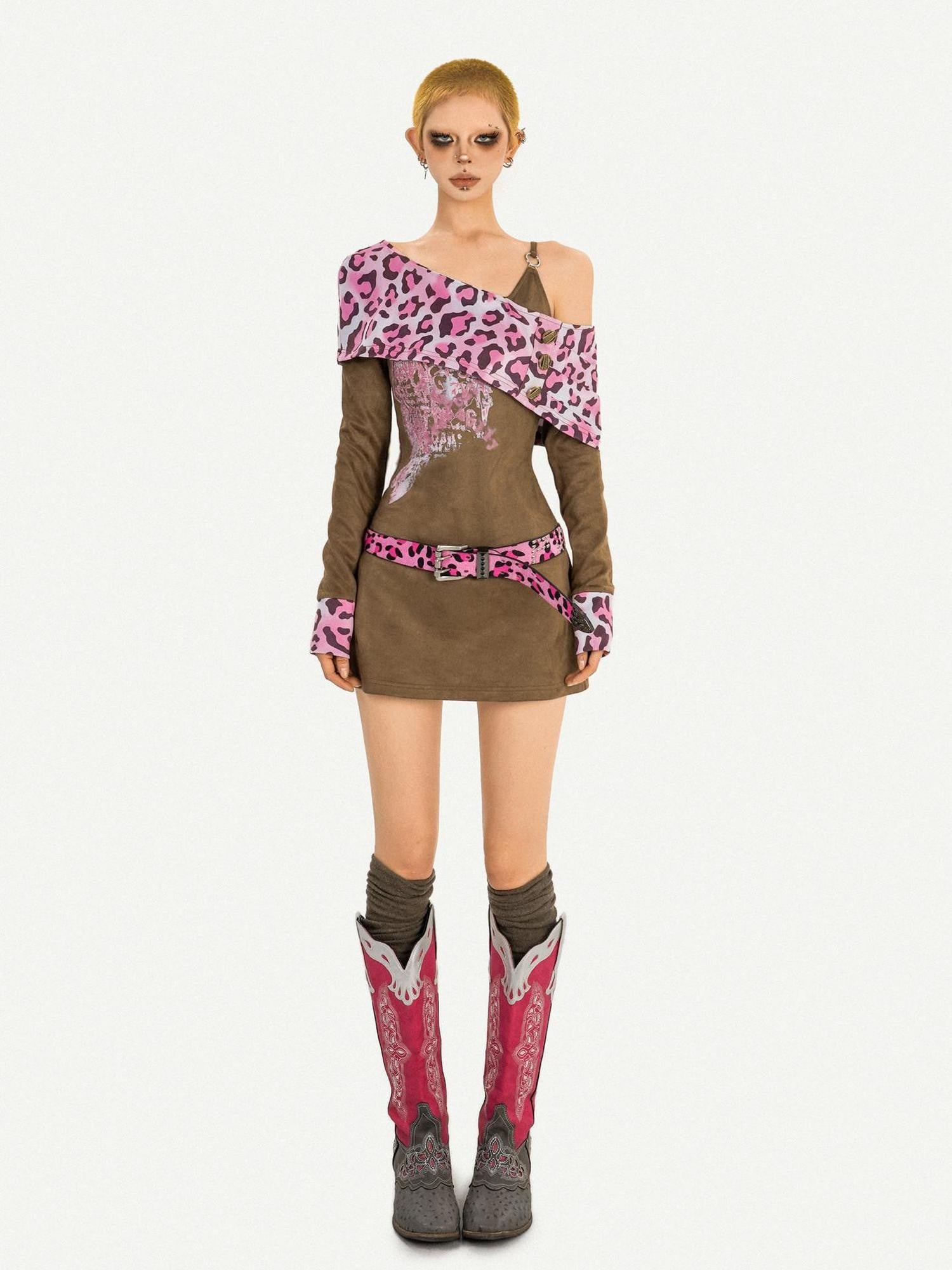Nico Molly Vintage Pink Leopard Patchwork Faux Two Piece Women's Slip Mini Dresses