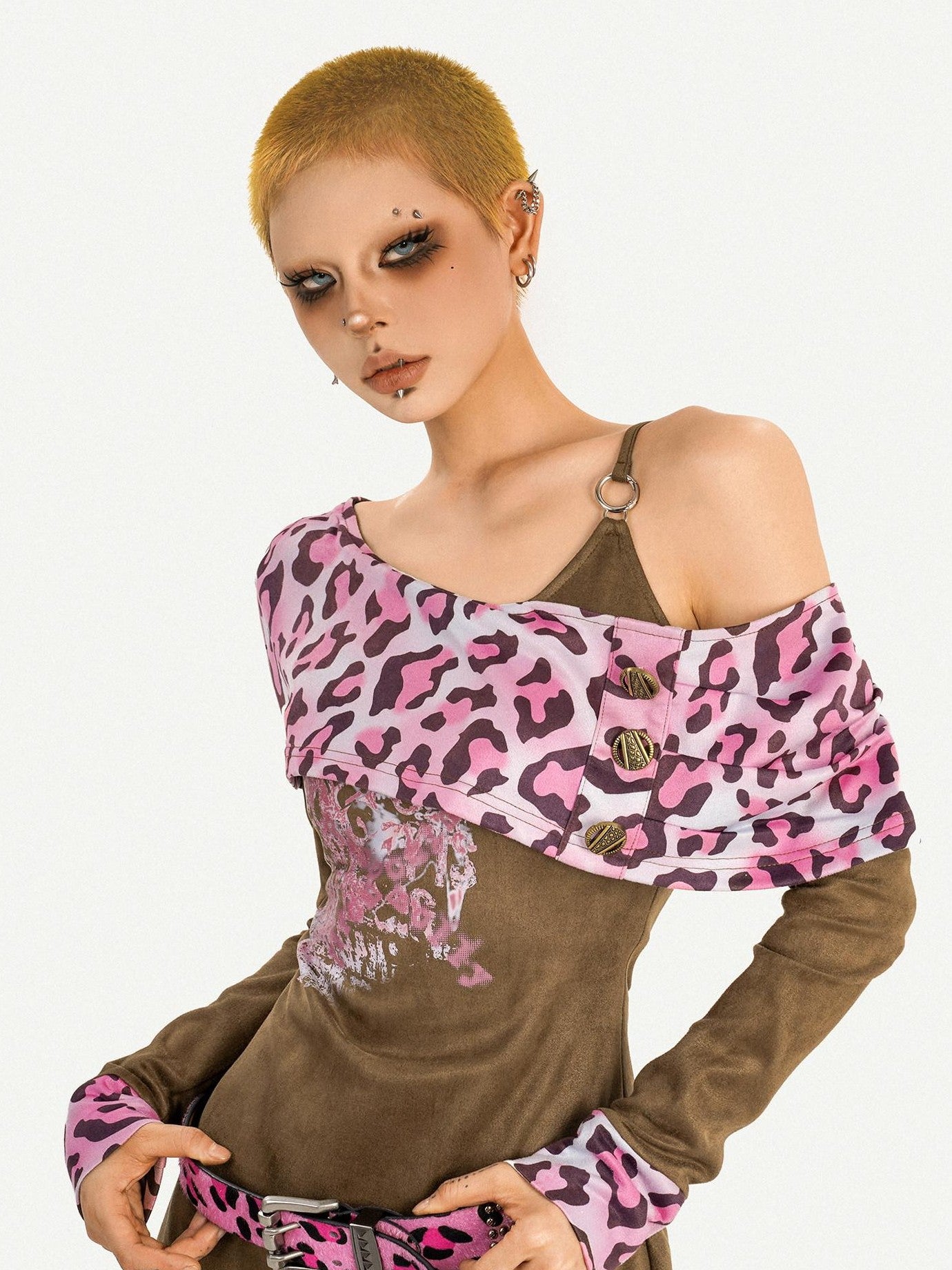 Nico Molly Vintage Pink Leopard Patchwork Faux Two Piece Women's Slip Mini Dresses