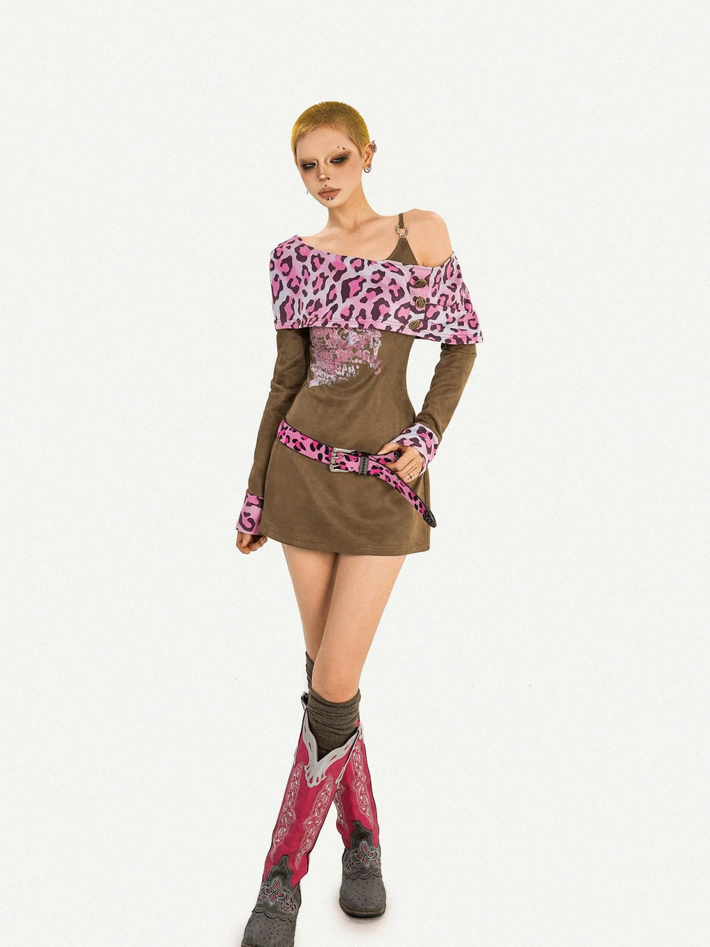 Nico Molly Vintage Pink Leopard Patchwork Faux Two Piece Women's Slip Mini Dresses