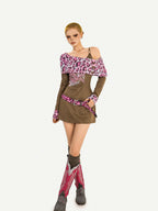 Nico Molly Vintage Pink Leopard Patchwork Faux Two Piece Women's Slip Mini Dresses