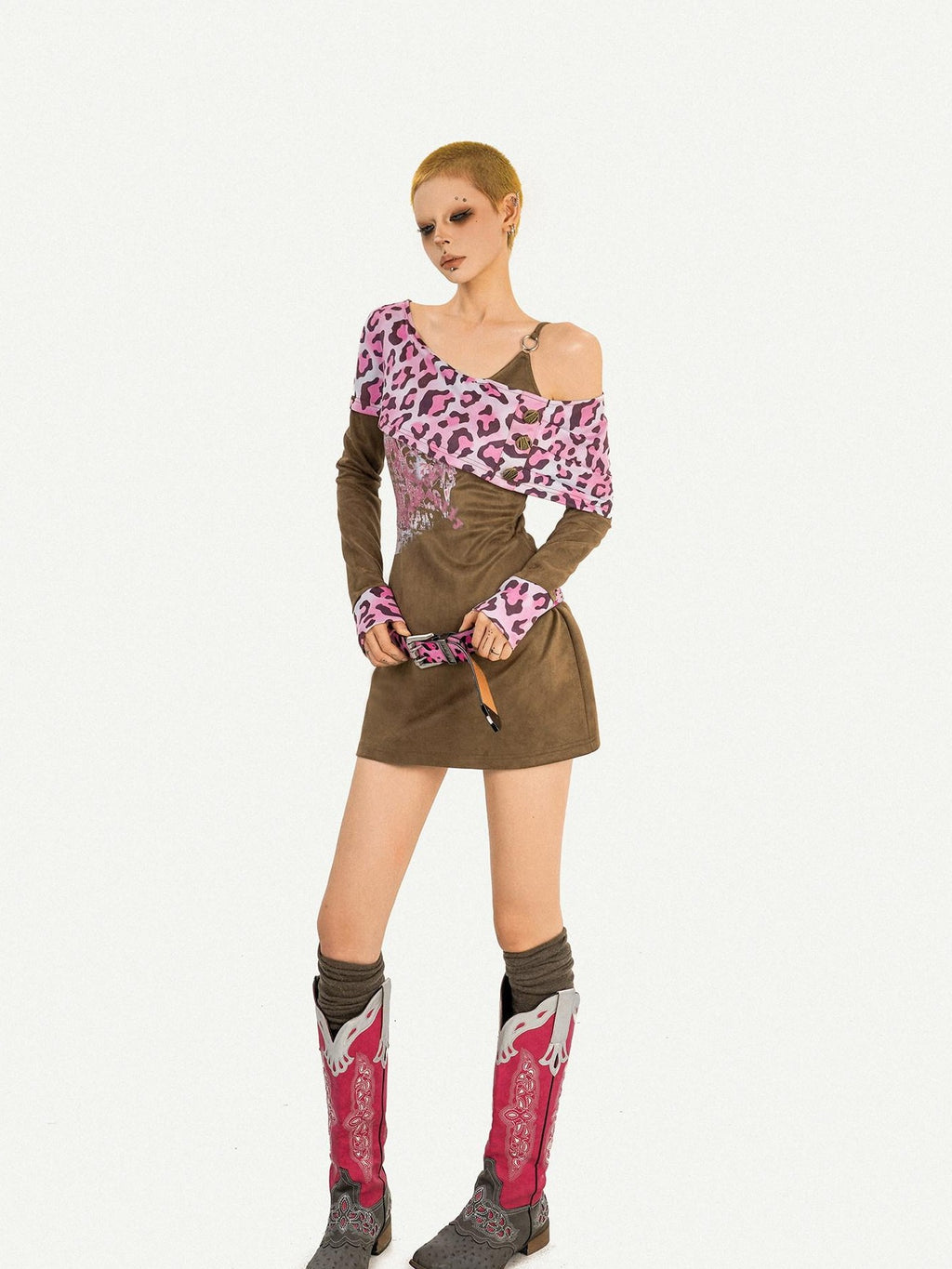 Nico Molly Vintage Pink Leopard Patchwork Faux Two Piece Women's Slip Mini Dresses