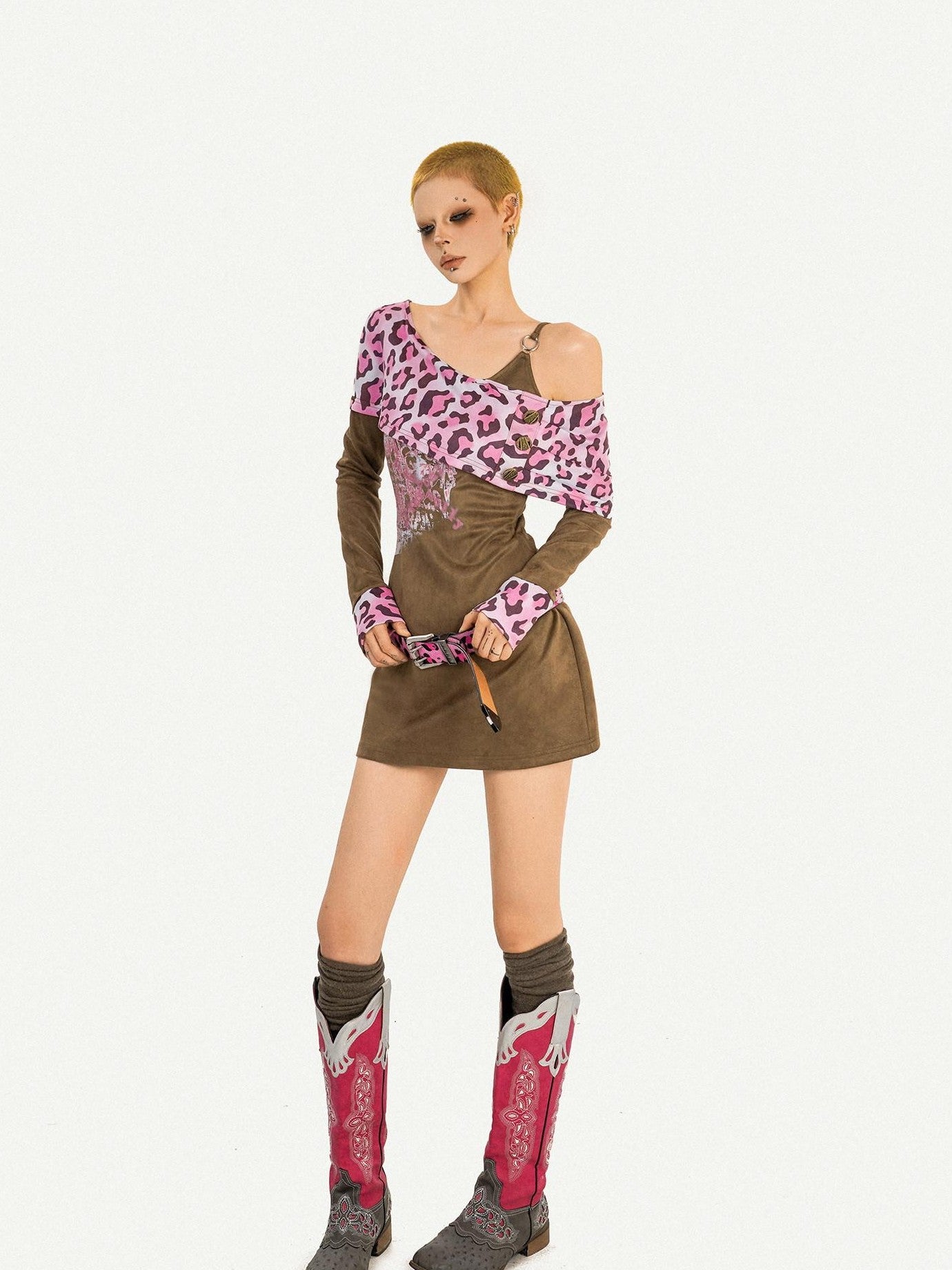Nico Molly Vintage Pink Leopard Patchwork Faux Two Piece Women's Slip Mini Dresses