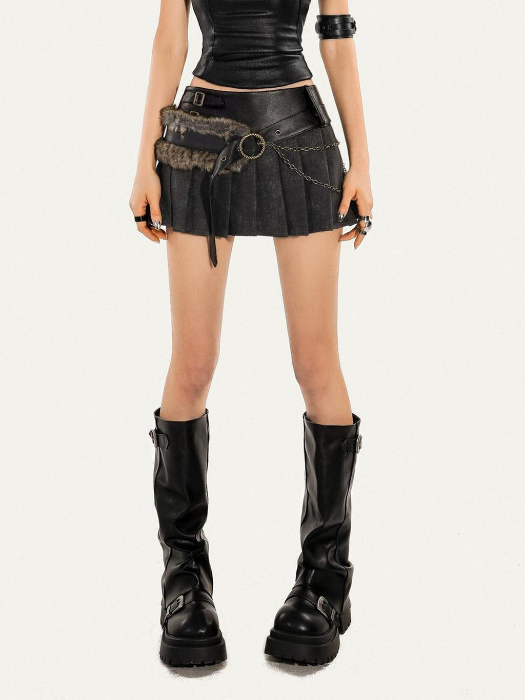 Nico Molly Vintage Pleated Chain Low Waist A Line Women's Polyester Blend Mini Skirts