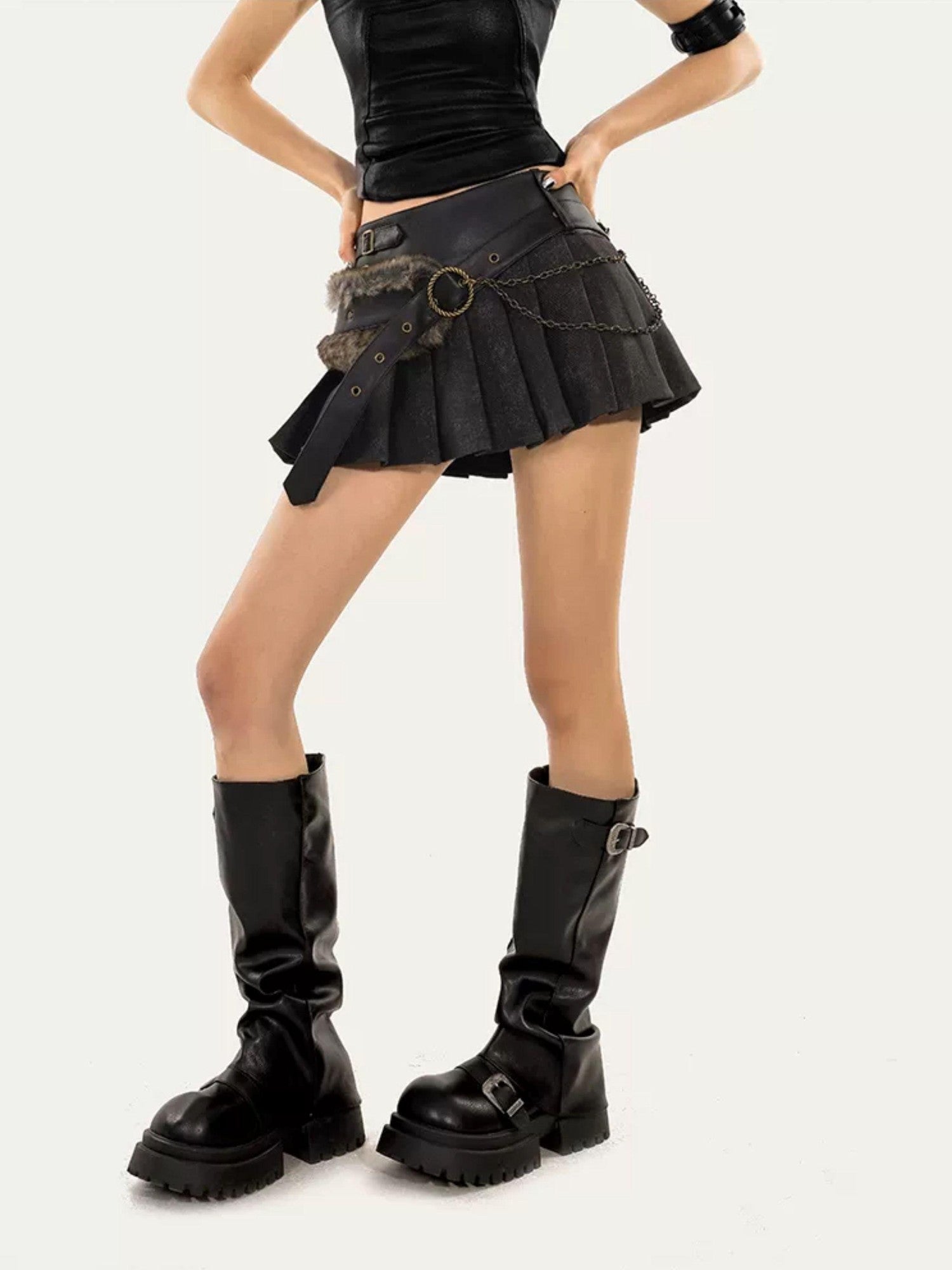 Nico Molly Vintage Pleated Chain Low Waist A Line Women's Polyester Blend Mini Skirts