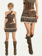 Nico Molly Vintage Pleated Lace Patchwork Punk Women's Cotton Lined Mini Skirts