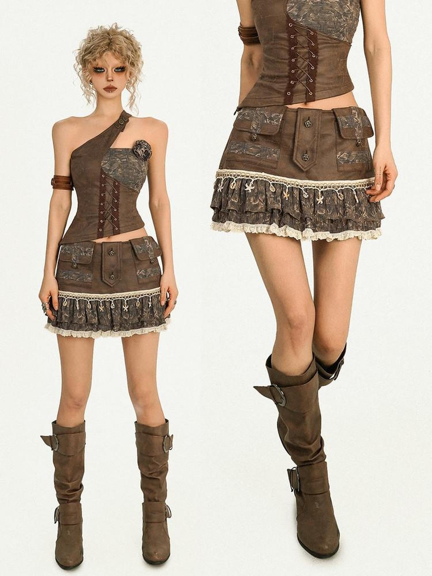 Nico Molly Vintage Pleated Lace Patchwork Punk Women's Cotton Lined Mini Skirts