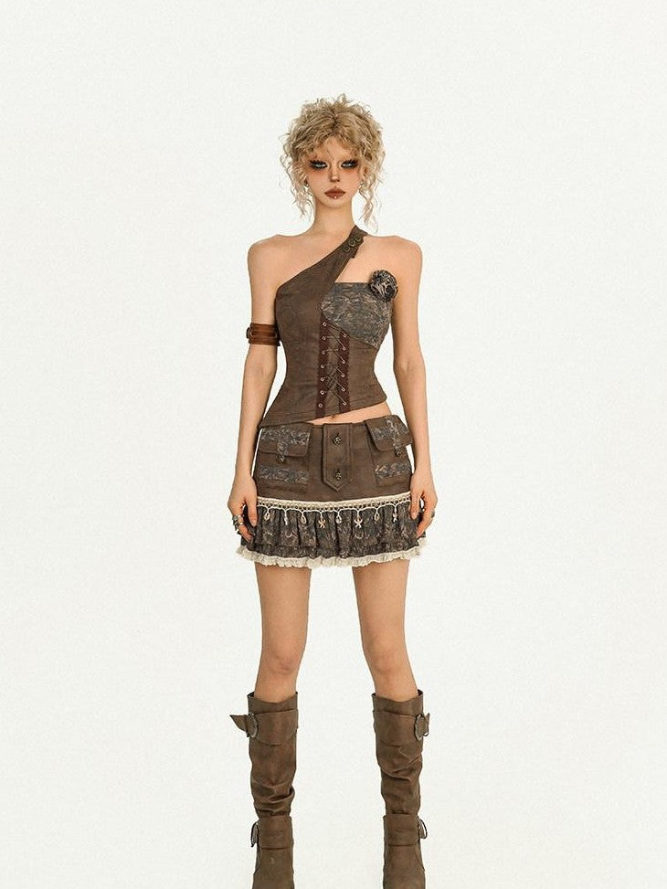 Nico Molly Vintage Pleated Lace Patchwork Punk Women's Cotton Lined Mini Skirts