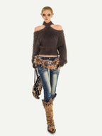 Nico Molly Vintage Punk Cutout One Shoulder Halter Slim Fit Women's Knit Sweaters
