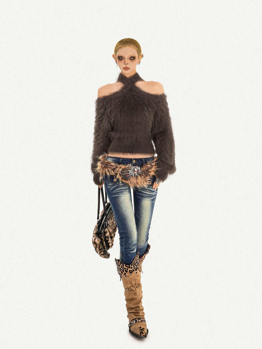 Nico Molly Vintage Punk Cutout One Shoulder Halter Slim Fit Women's Knit Sweaters