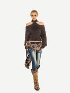 Nico Molly Vintage Punk Cutout One Shoulder Halter Slim Fit Women's Knit Sweaters