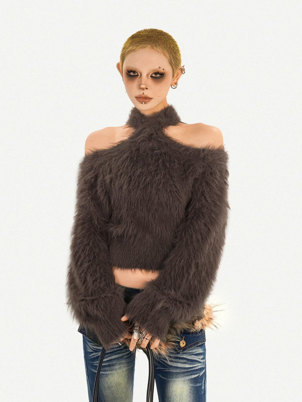 Nico Molly Vintage Punk Cutout One Shoulder Halter Slim Fit Women's Knit Sweaters