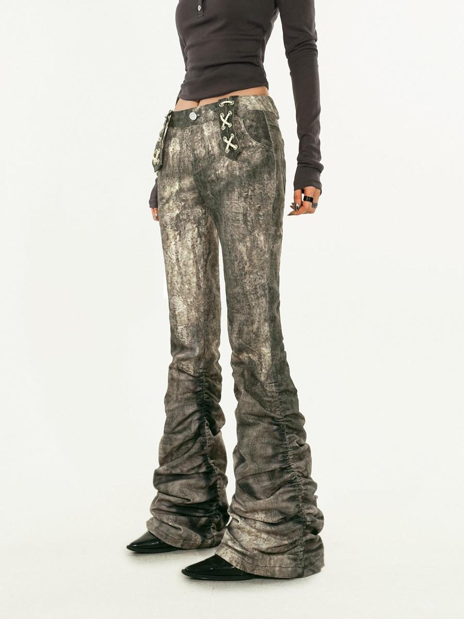 Nico Molly Vintage Punk Distressed Ink Splatter Tie Women's Denim Flare Jeans