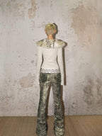 Nico Molly Vintage Punk Distressed Ink Splatter Tie Women's Denim Flare Jeans