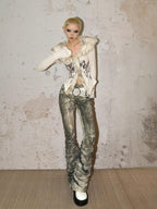 Nico Molly Vintage Punk Distressed Ink Splatter Tie Women's Denim Flare Jeans