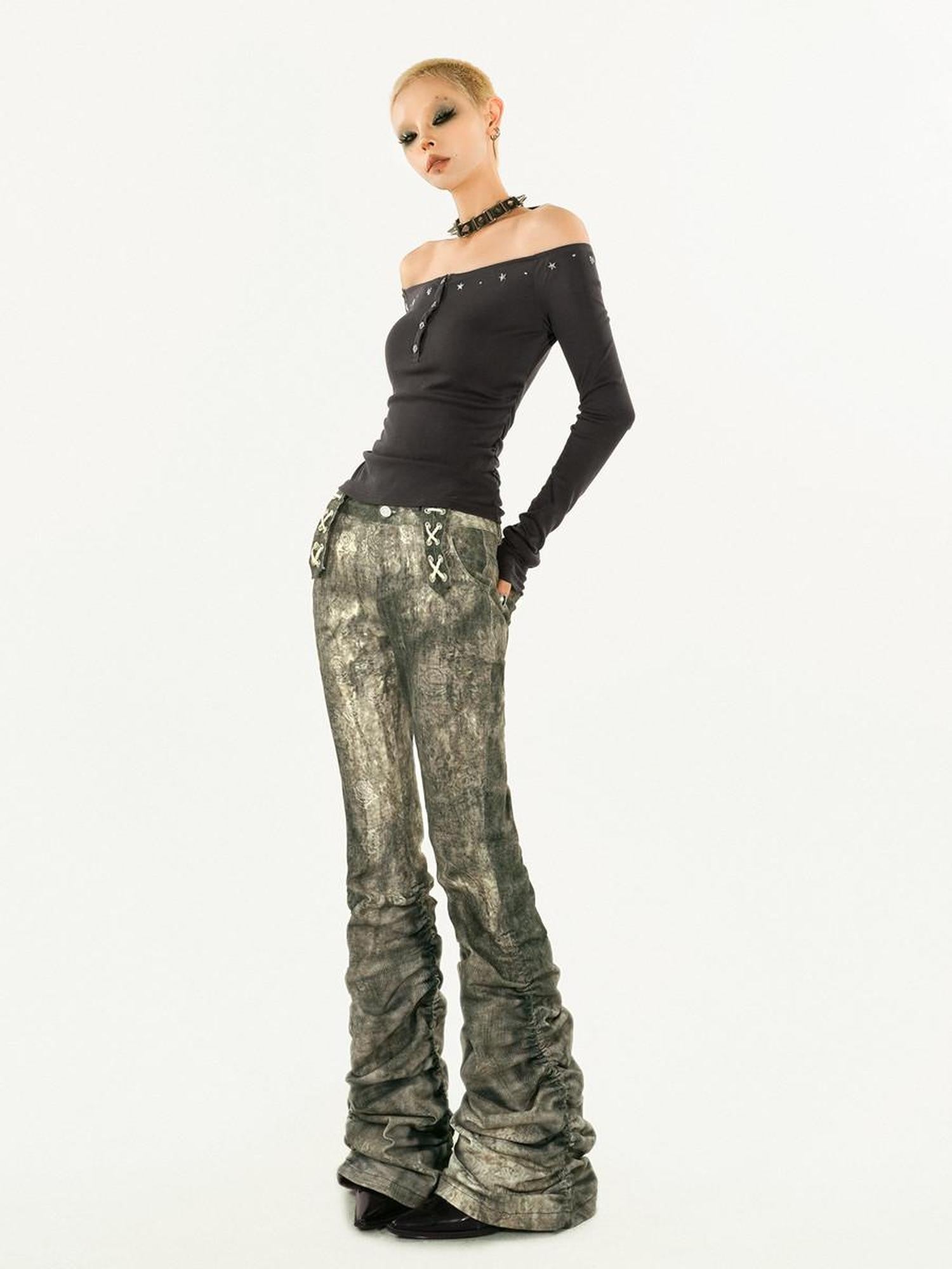Nico Molly Vintage Punk Distressed Ink Splatter Tie Women's Denim Flare Jeans