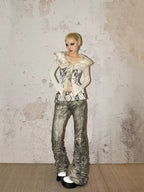 Nico Molly Vintage Punk Distressed Ink Splatter Tie Women's Denim Flare Jeans