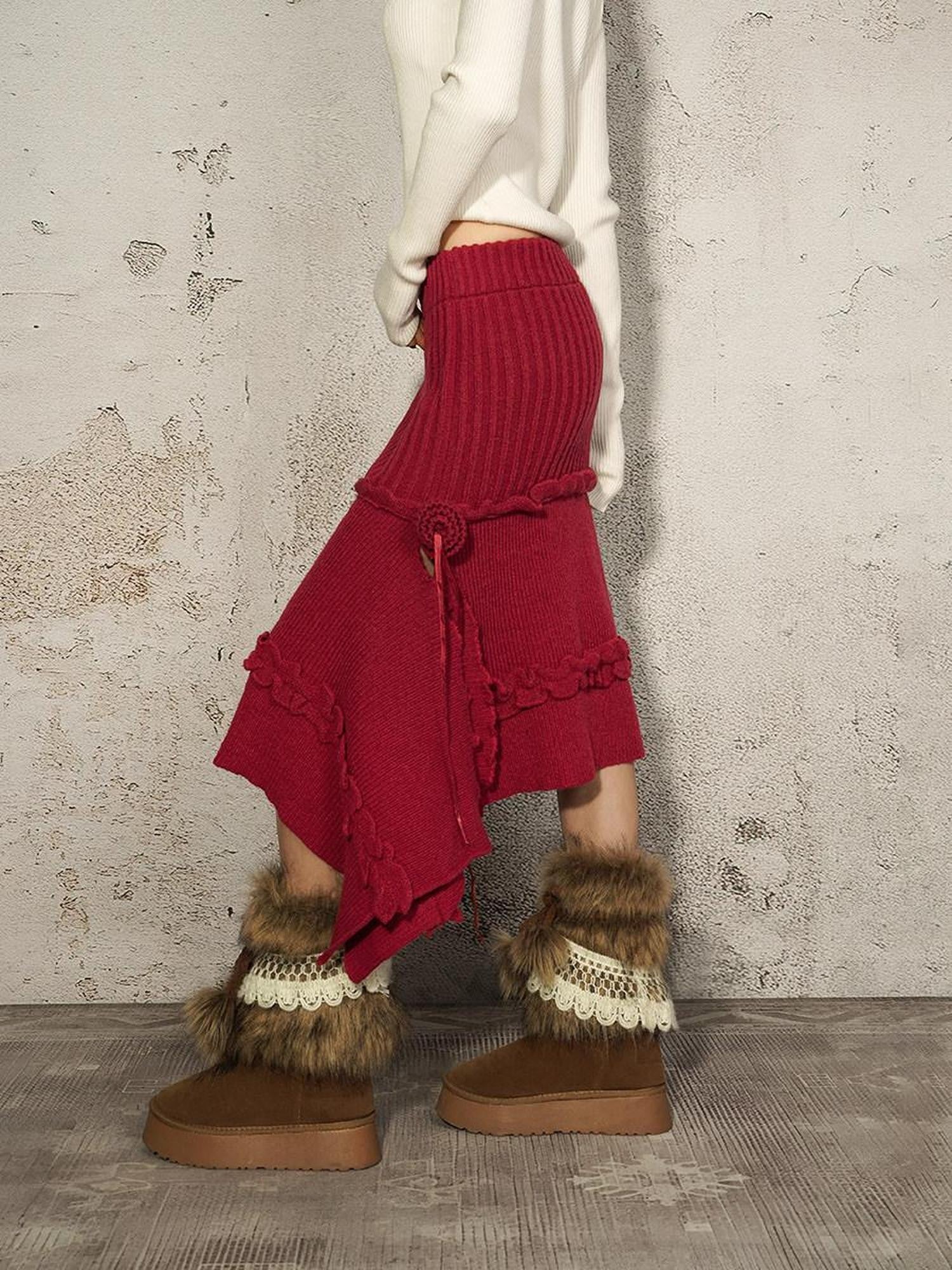Nico Molly Vintage Red A Line Asymmetric Side Slit Women's Knit Maxi Skirts