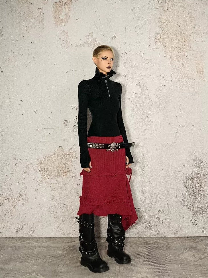 Nico Molly Vintage Red A Line Asymmetric Side Slit Women's Knit Maxi Skirts