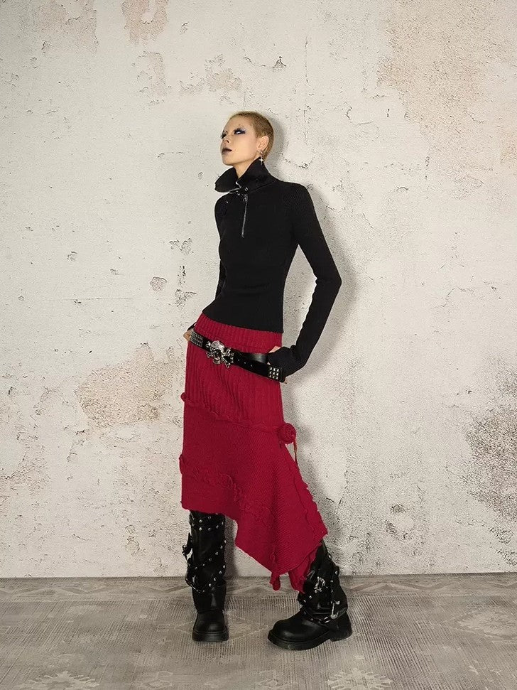 Nico Molly Vintage Red A Line Asymmetric Side Slit Women's Knit Maxi Skirts