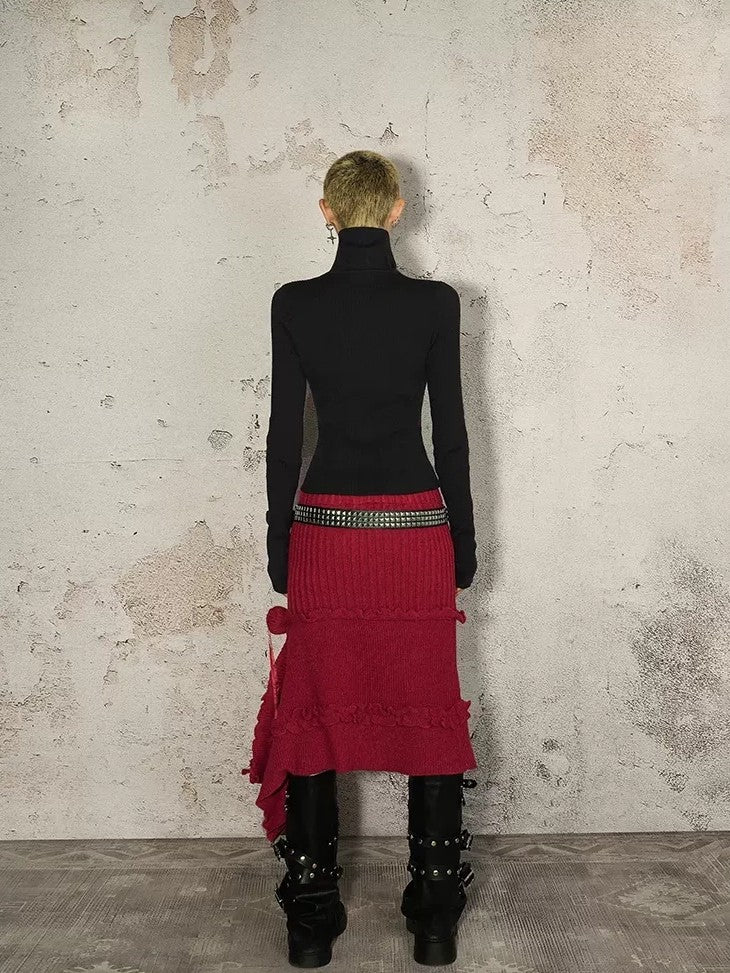 Nico Molly Vintage Red A Line Asymmetric Side Slit Women's Knit Maxi Skirts