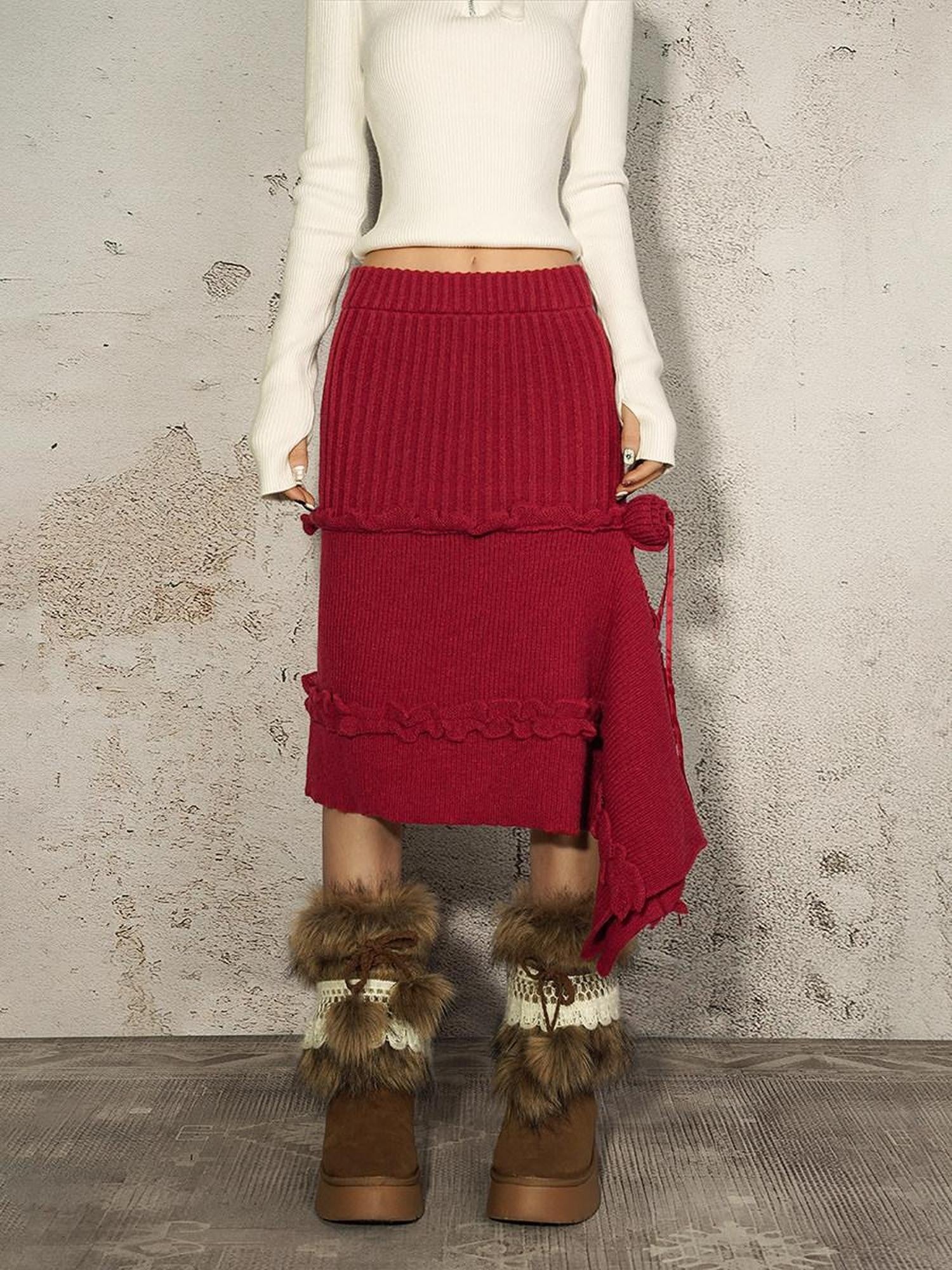 Nico Molly Vintage Red A Line Asymmetric Side Slit Women's Knit Maxi Skirts
