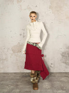 Nico Molly Vintage Red A Line Asymmetric Side Slit Women's Knit Maxi Skirts