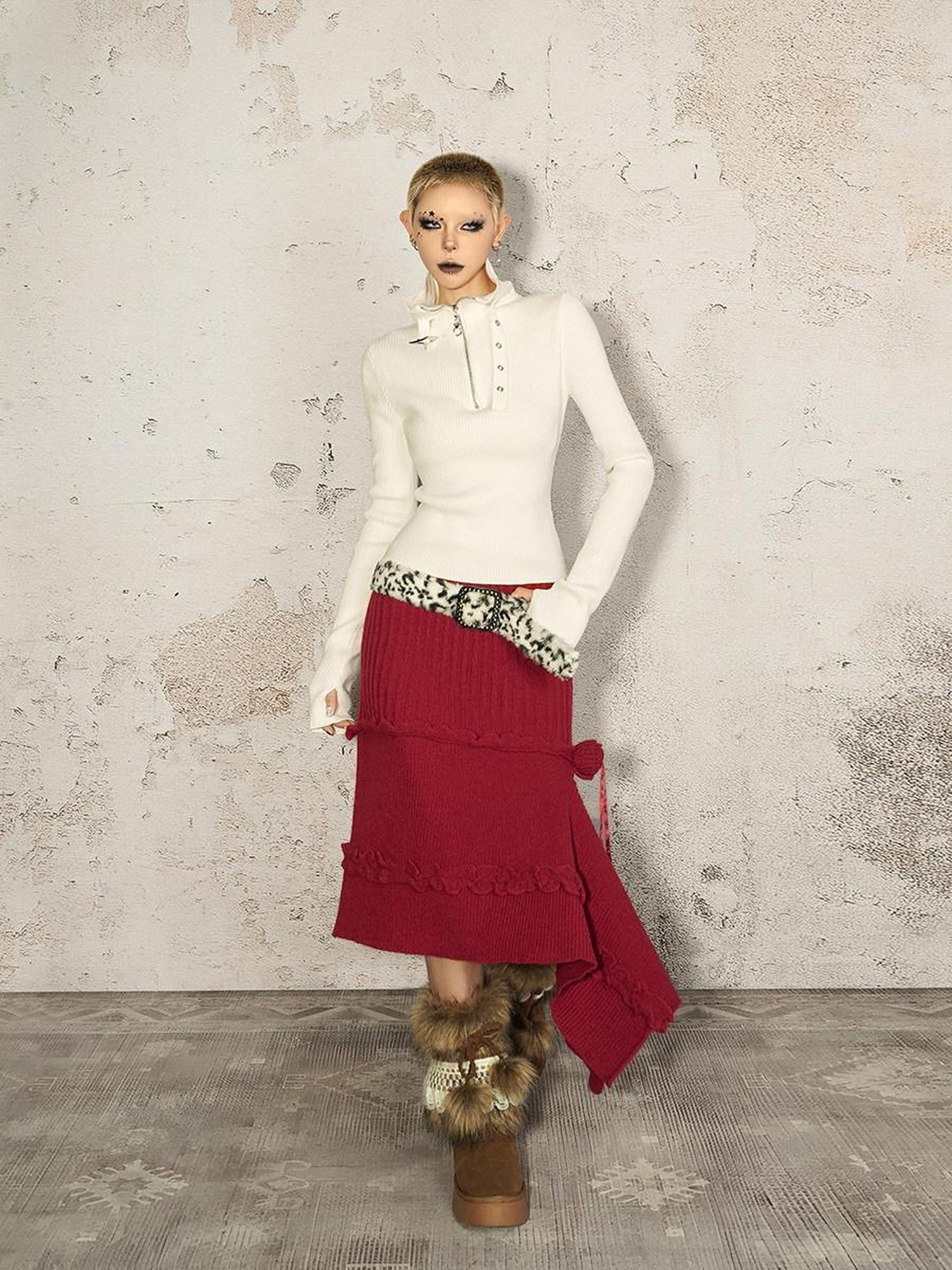 Nico Molly Vintage Red A Line Asymmetric Side Slit Women's Knit Maxi Skirts