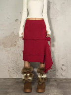 Nico Molly Vintage Red A Line Asymmetric Side Slit Women's Knit Maxi Skirts