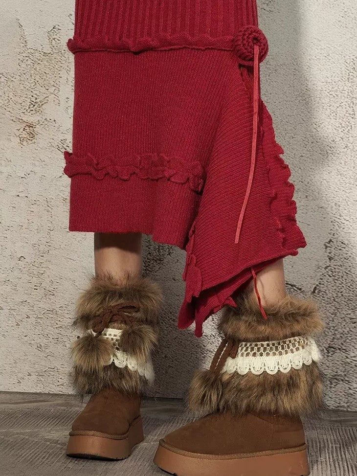 Nico Molly Vintage Red A Line Asymmetric Side Slit Women's Knit Maxi Skirts