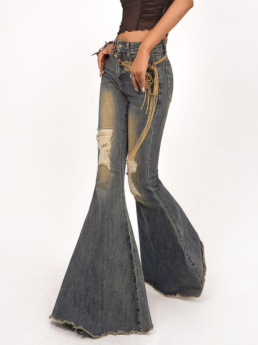 Nico Molly Vintage Ripped Frayed High Waist Women's Cotton Stretch Denim Flare Jeans