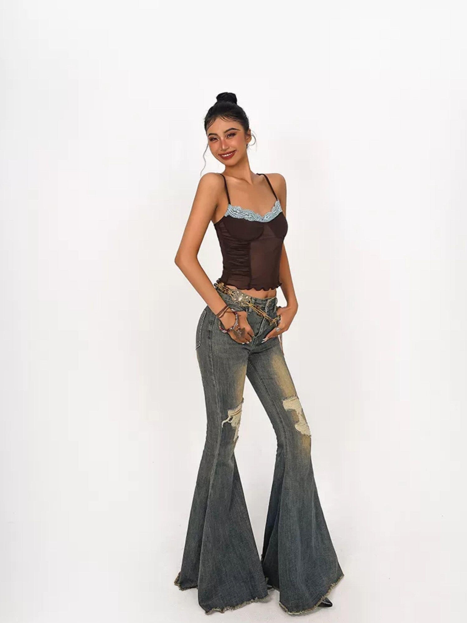 Nico Molly Vintage Ripped Frayed High Waist Women's Cotton Stretch Denim Flare Jeans