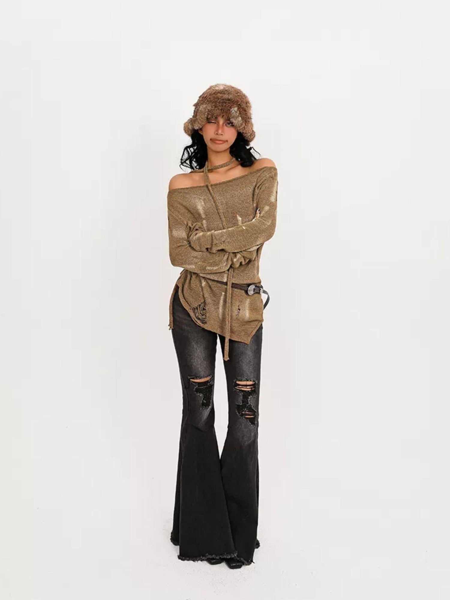 Nico Molly Vintage Ripped Frayed High Waist Women's Cotton Stretch Denim Flare Jeans