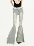 Nico Molly Vintage Ripped Frayed High Waist Women's Cotton Stretch Denim Flare Jeans